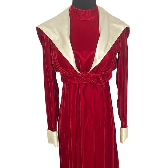 Vintage 70s Red Velvet Ball Gown Backless Bolero Jacket Set Mrs Claus Christmas - Picture 3 of 16